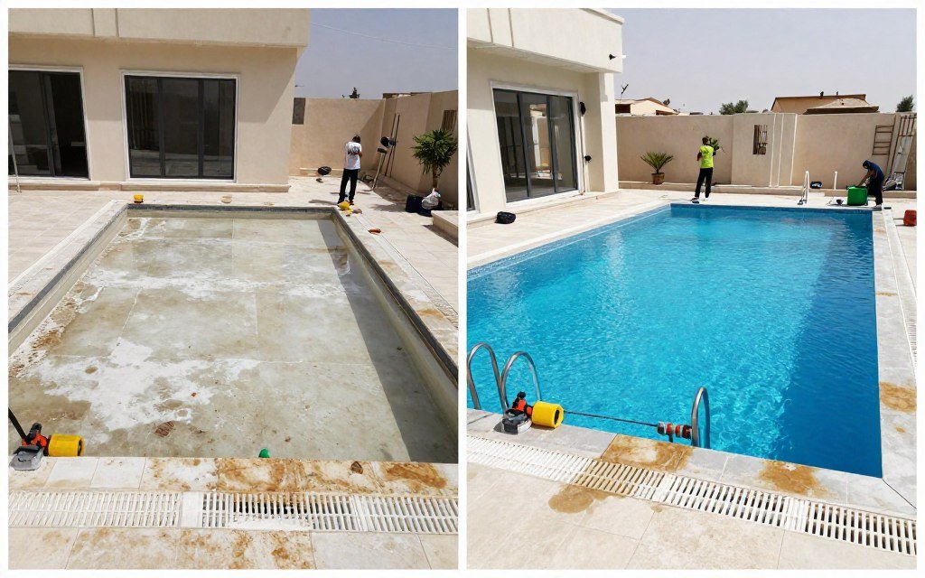عملية ترميم مسبح قديم في جدة وتحويله لمسبح عصري