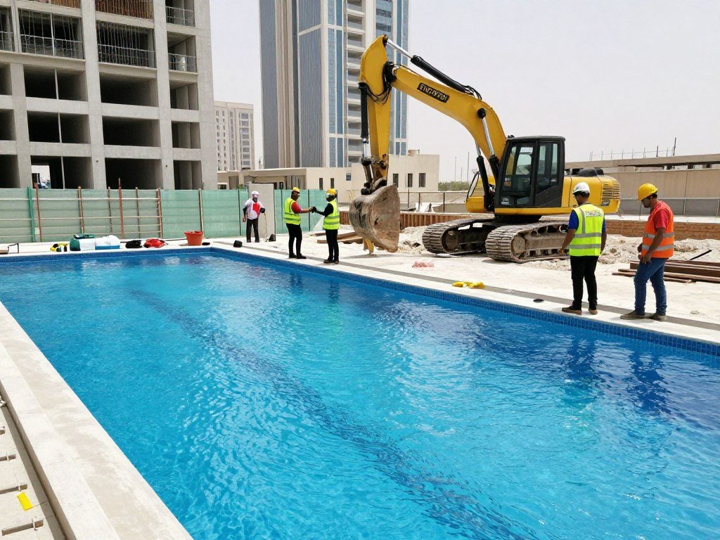 فريق عمل مؤسسة عصر البناء للمقاولات في موقع مسابح بجدة