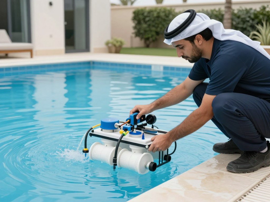 فني صيانة يقوم بفحص وصيانة مسبح في جدة